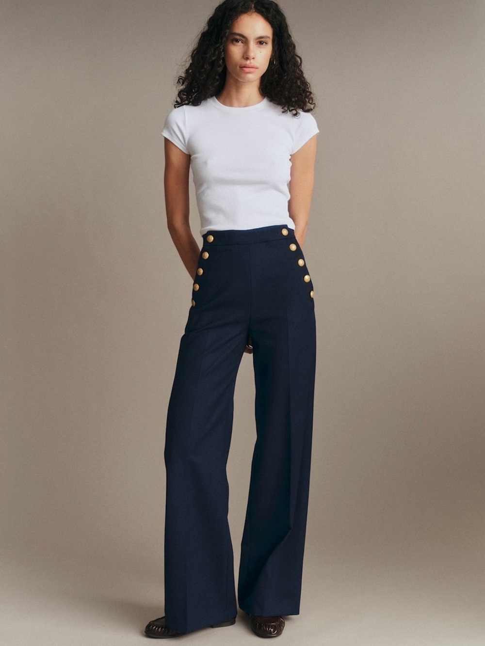 NWT 🇫🇷 Sézane Marino Trousers High-Waist Navy Pants with Gold Button Detail